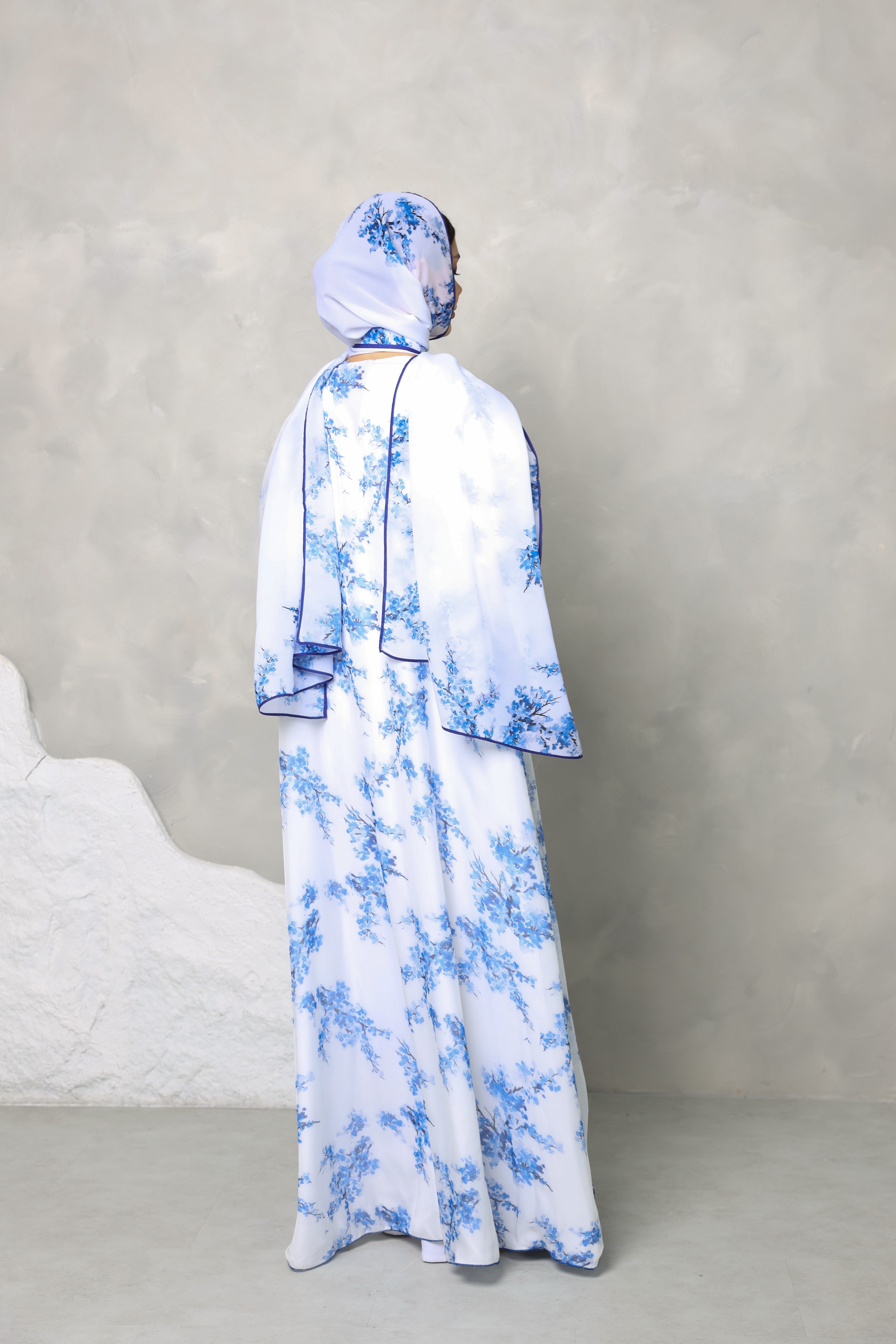 Floral Georgette Chiffon Abaya – Blue Bloom Print