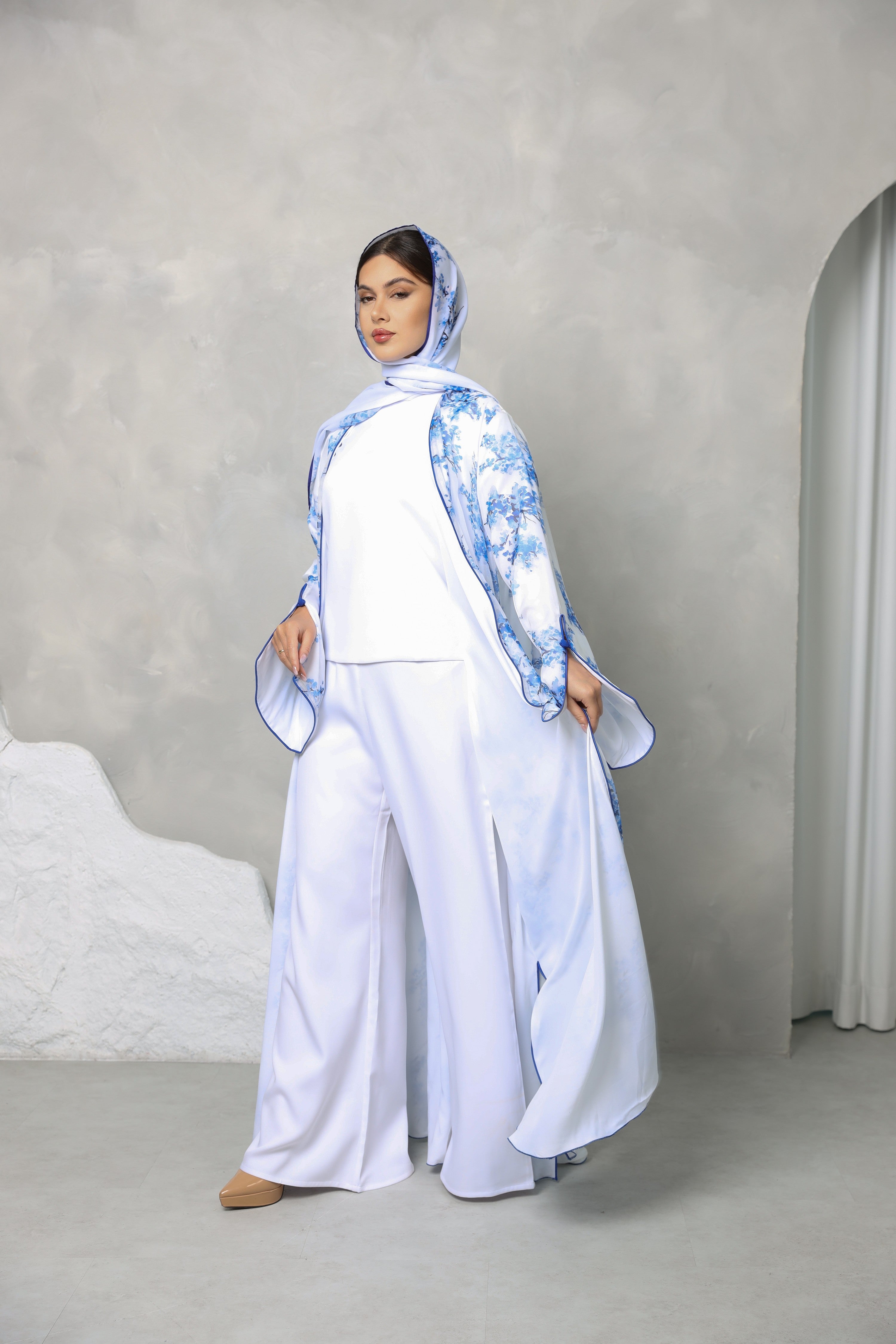 Floral Georgette Chiffon Abaya – Blue Bloom Print