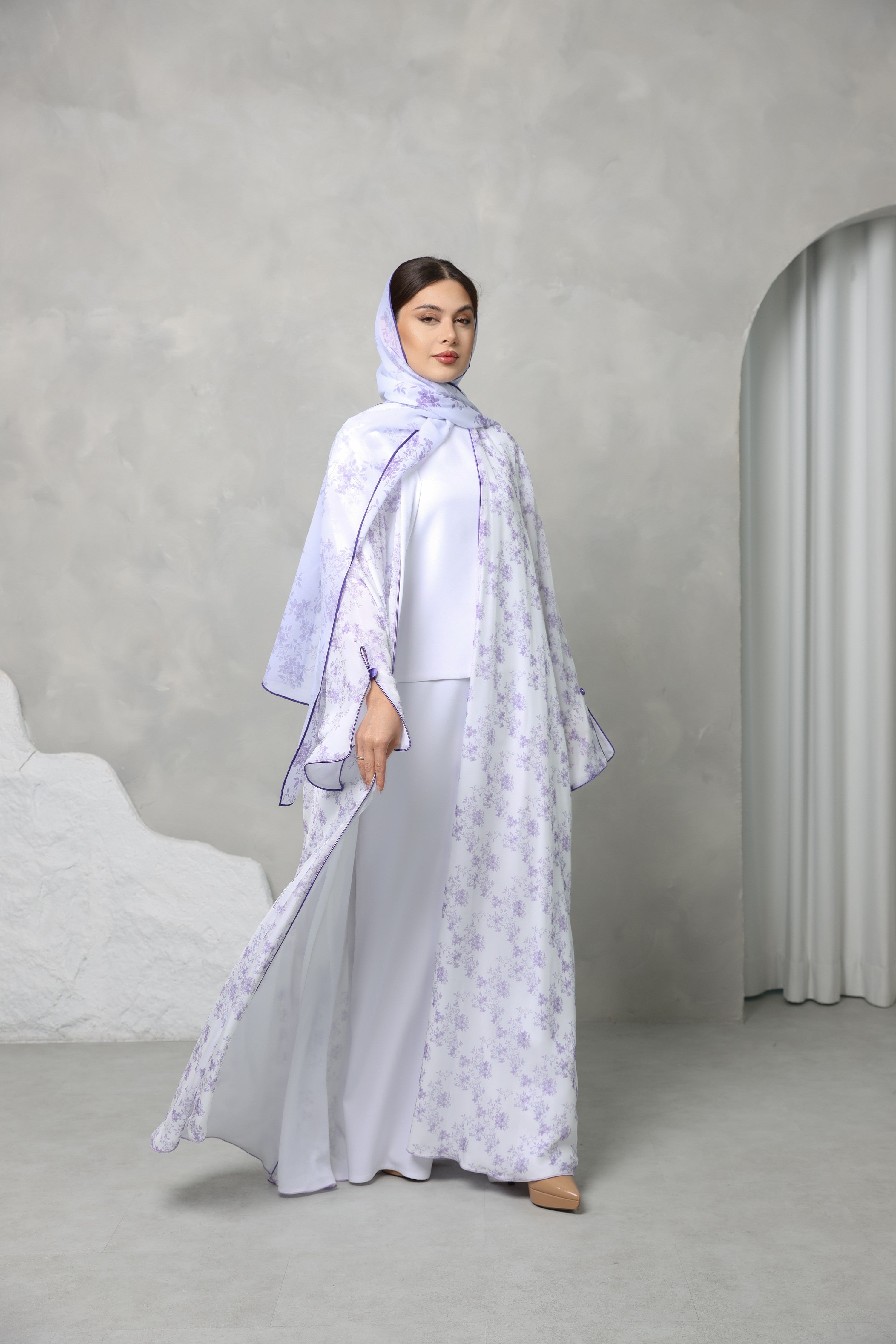 Floral Georgette Chiffon Abaya – Lilac Whisper Print