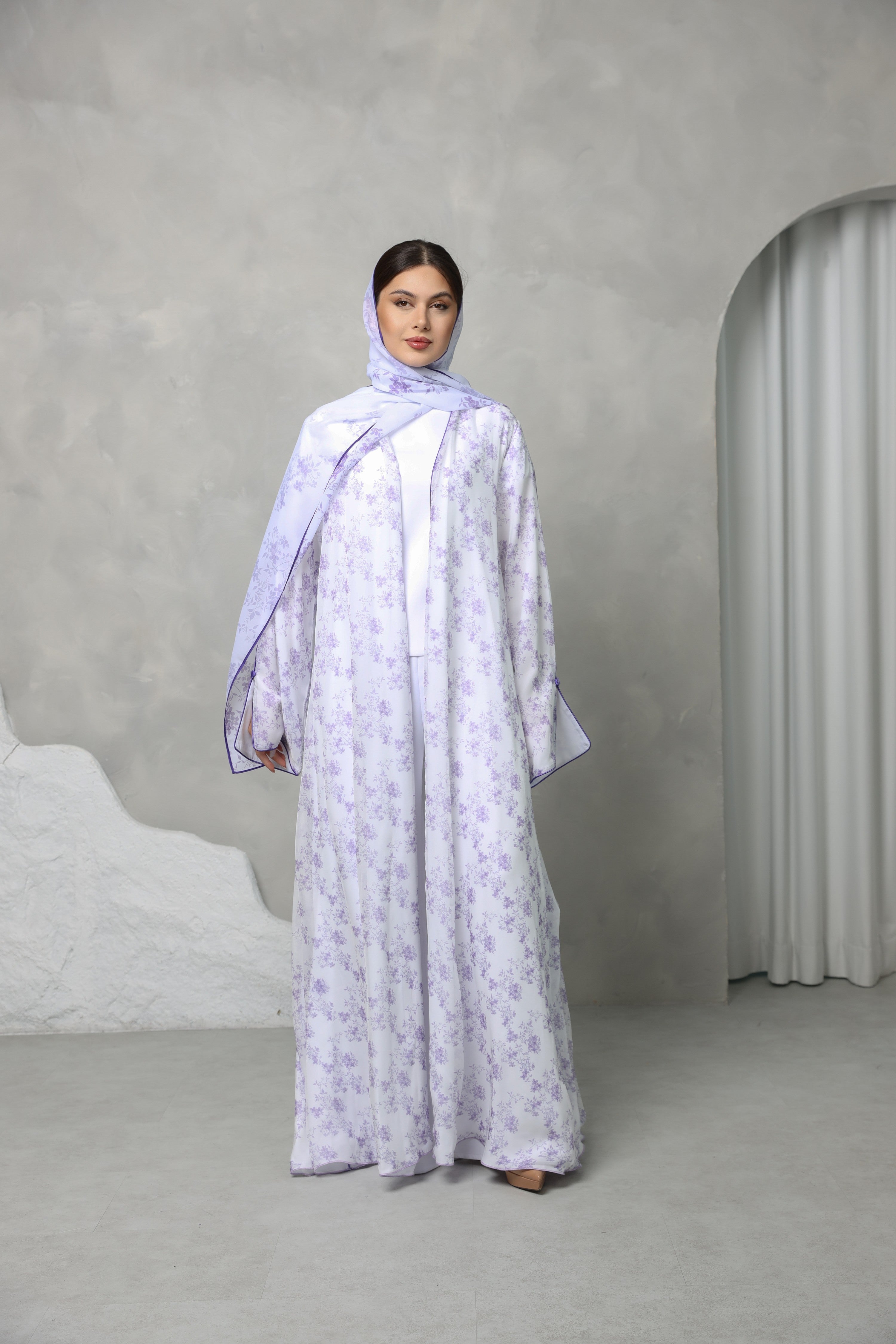 Floral Georgette Chiffon Abaya – Lilac Whisper Print