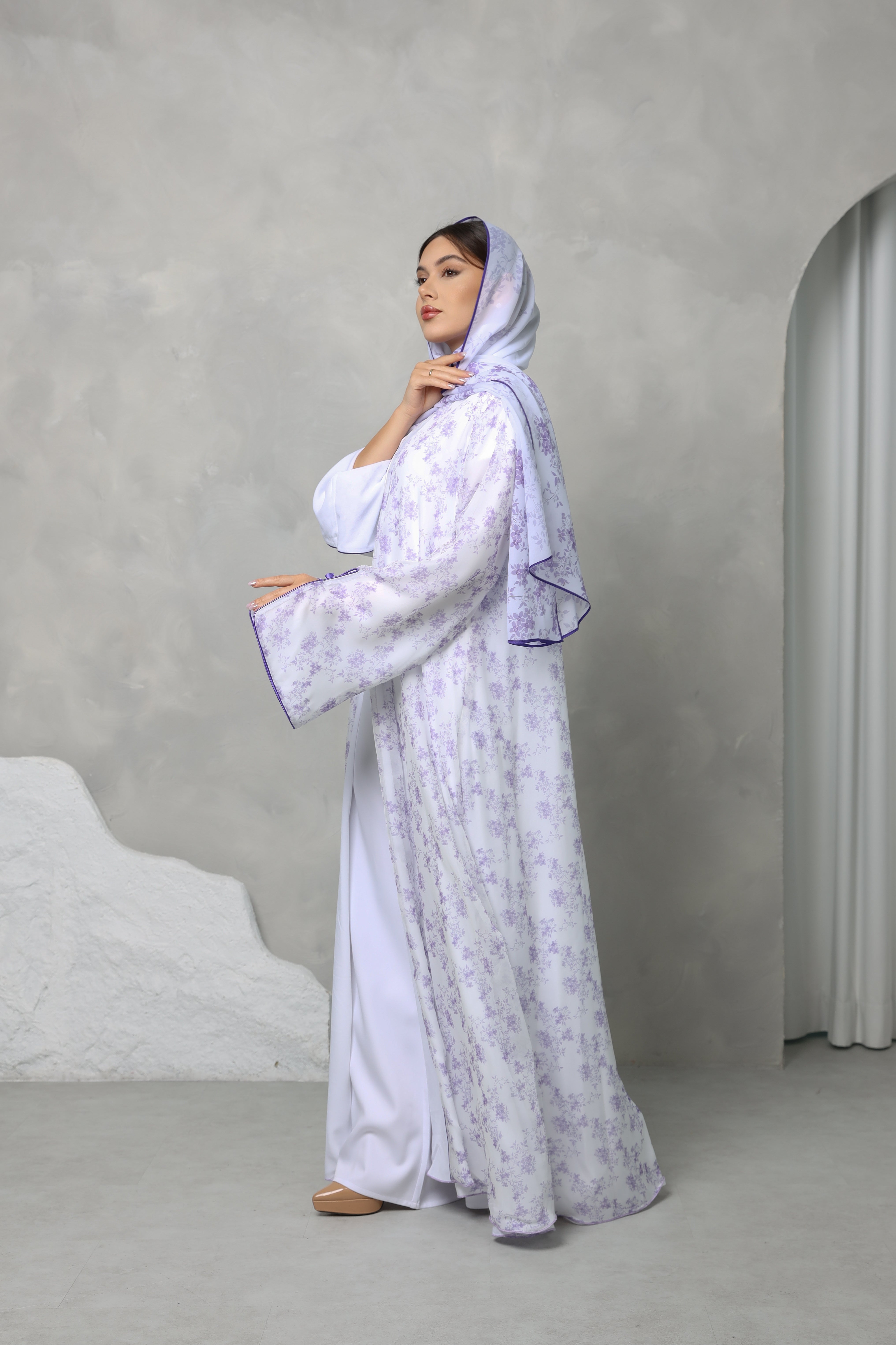 Floral Georgette Chiffon Abaya – Lilac Whisper Print