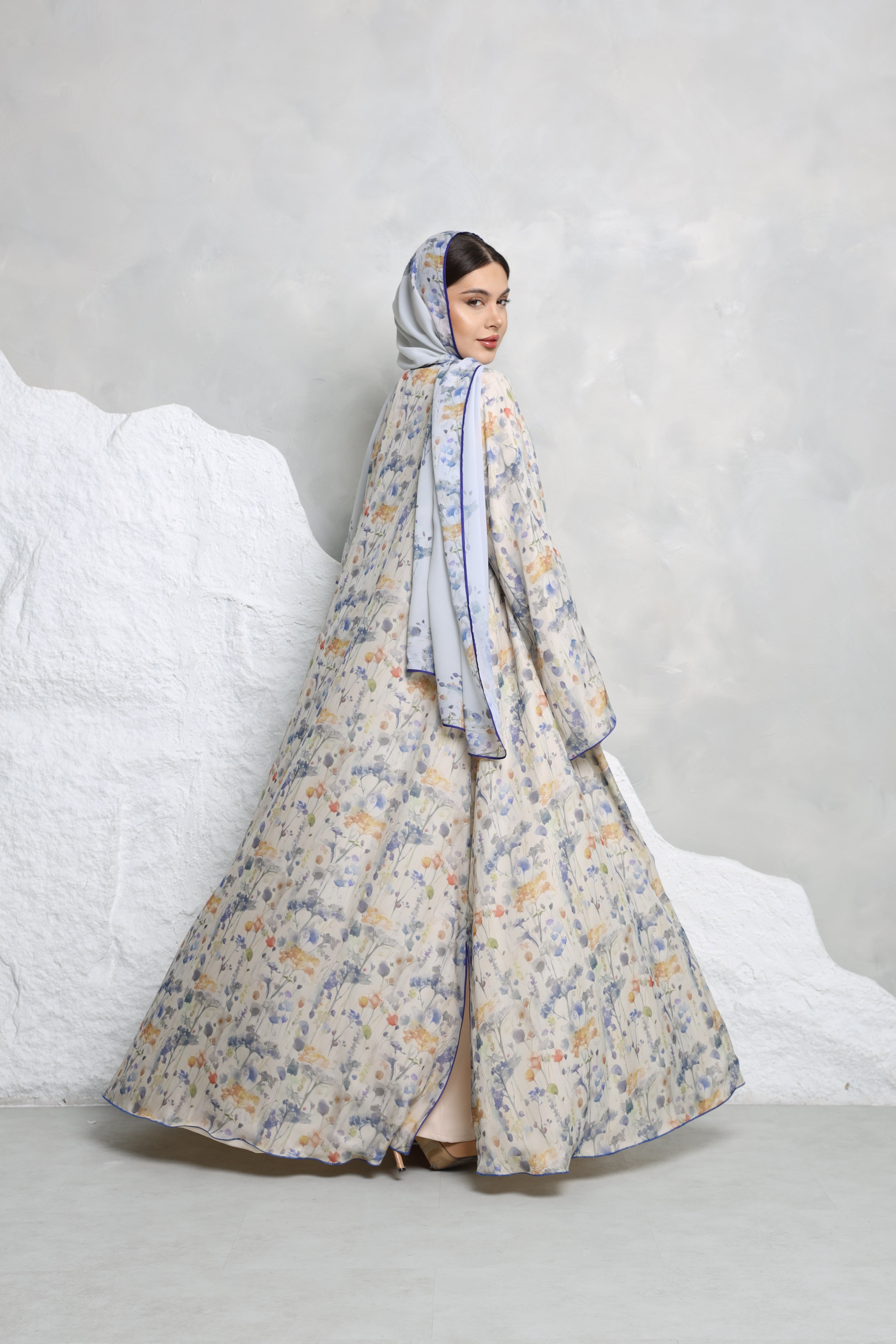 Floral Georgette Chiffon Abaya – Soft Pastel Print