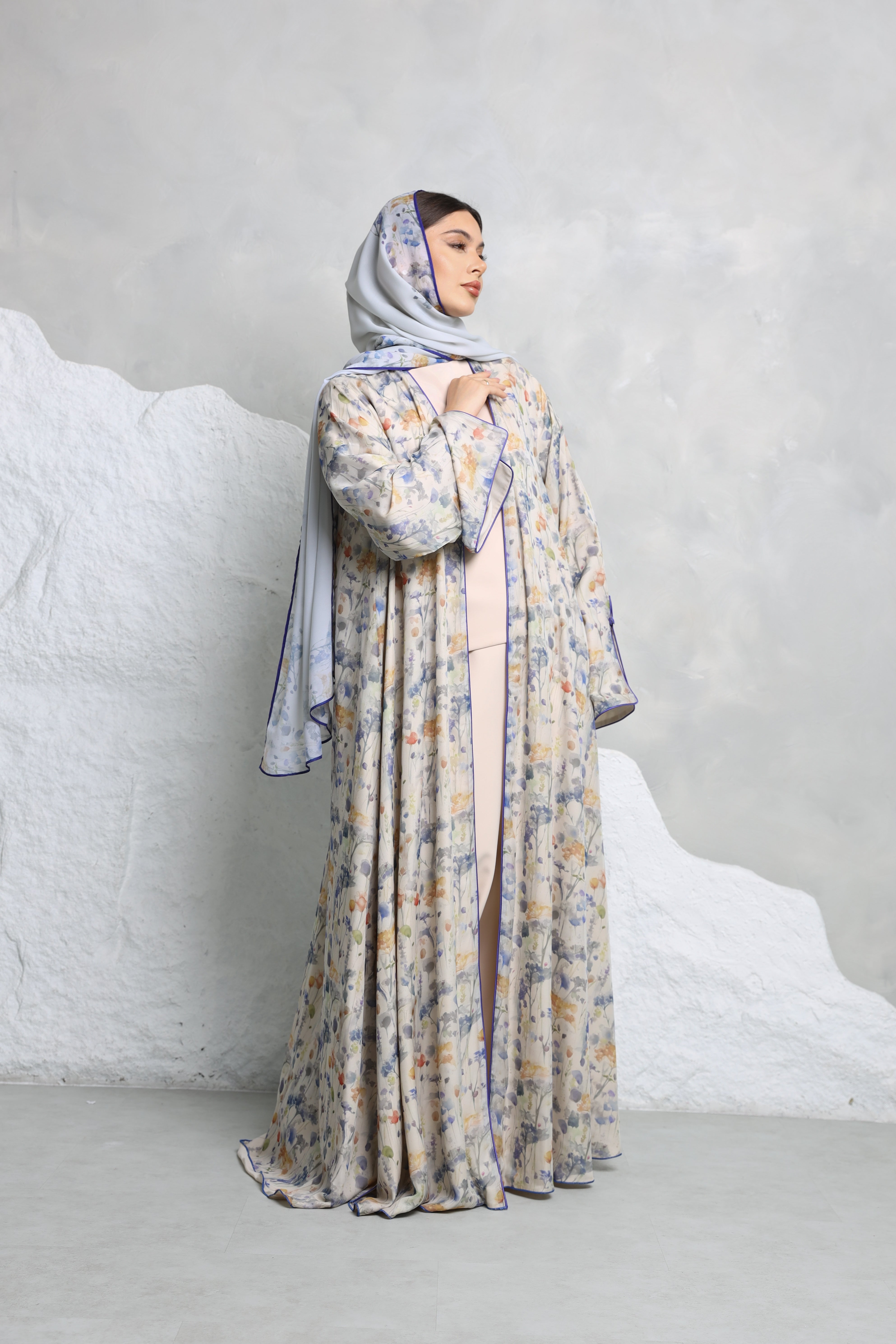 Floral Georgette Chiffon Abaya – Soft Pastel Print